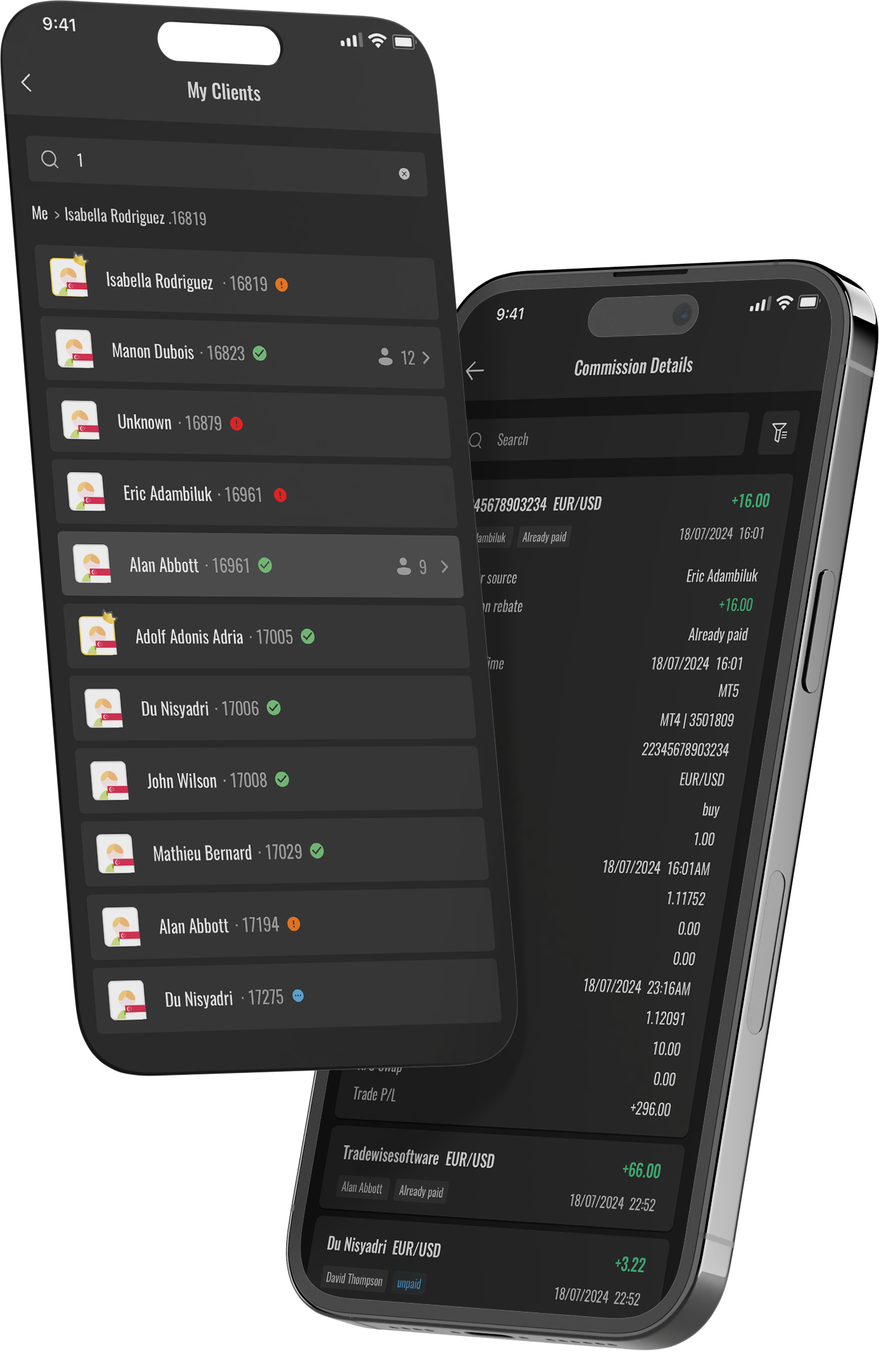 Two iPhones showing TradeWise CRM mobile app - My Clients list and Commission Details screens