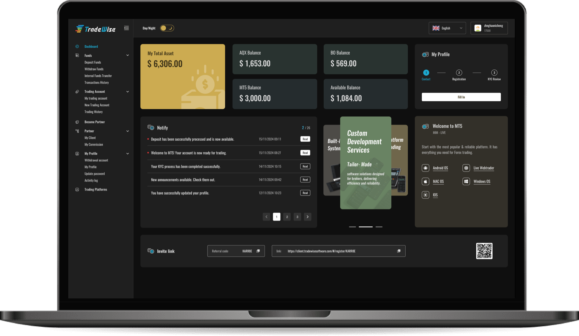 Client portal dashboard with balances, KYC progress and platform downloads