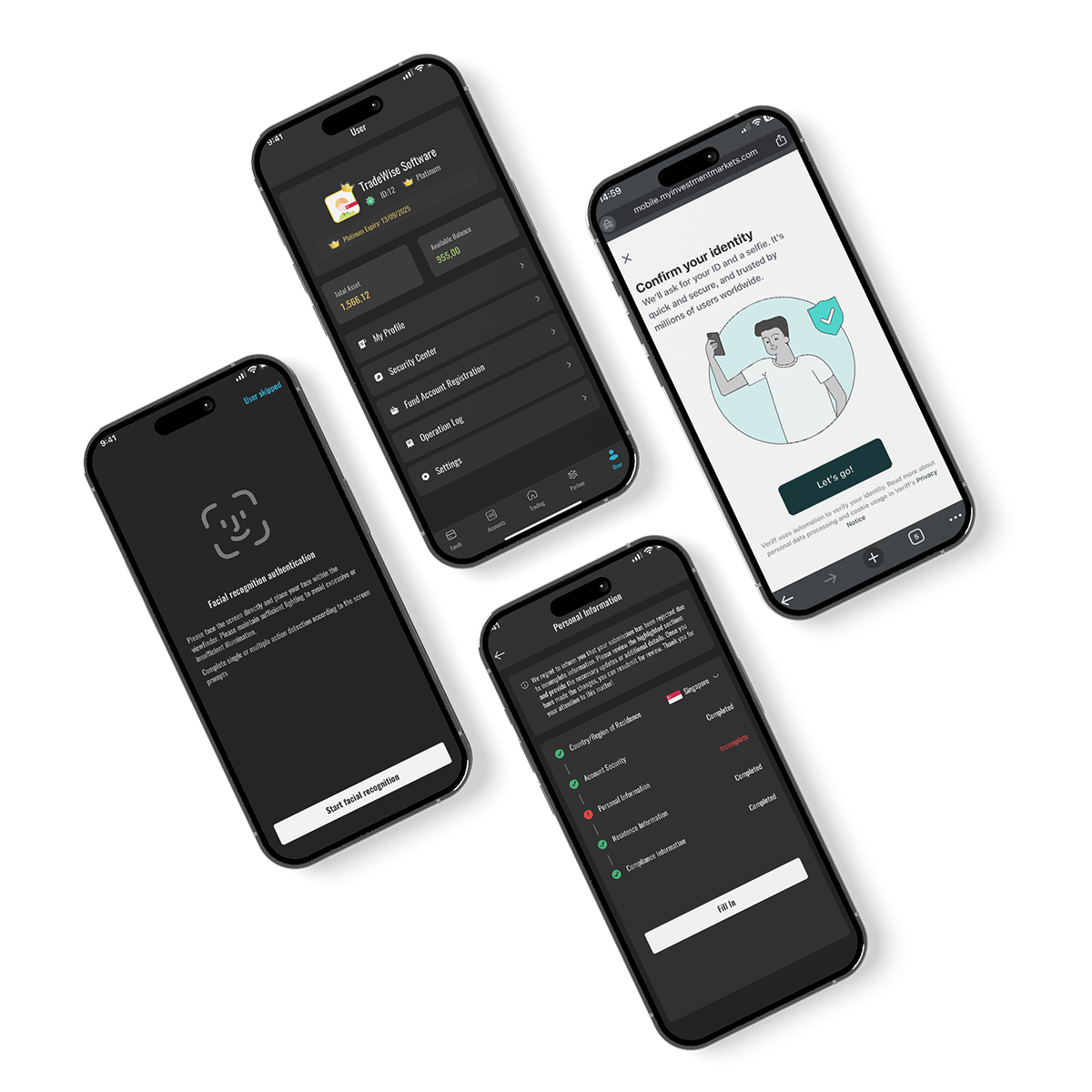 eKYC verification flow with facial recognition, identity confirmation and KYC progress checklist